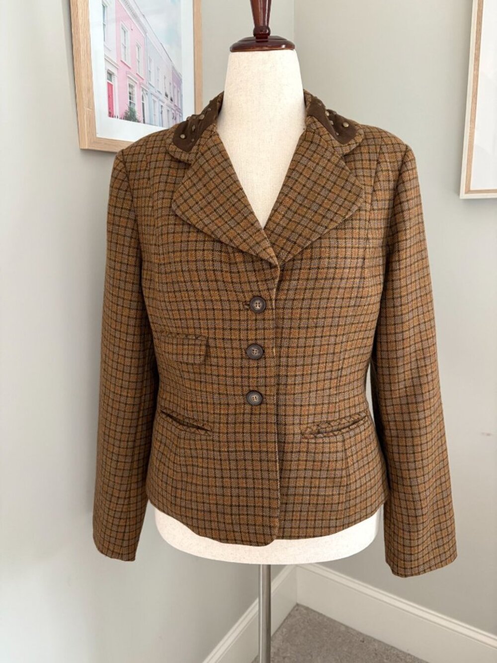 Sundance Womens Size 12 Plaid Wool Blazer Jacket Brown Studded Collar Equestrian